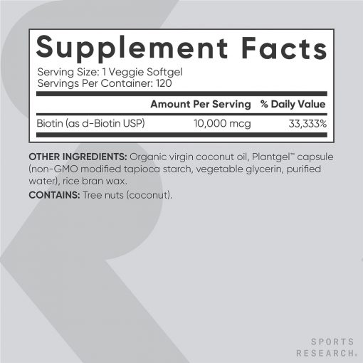 Sports Research – Max Strength Biotin, 10000 mcg Supplement – 120 Veggie Softgels