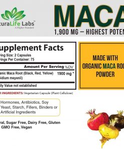 Organic Maca Root Black, Red, Yellow 1900 MG per Serving - 150 Vegan Capsules