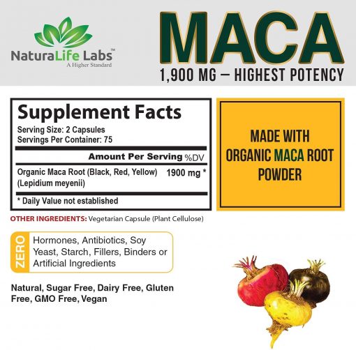 Organic Maca Root Black, Red, Yellow 1900 MG per Serving - 150 Vegan Capsules