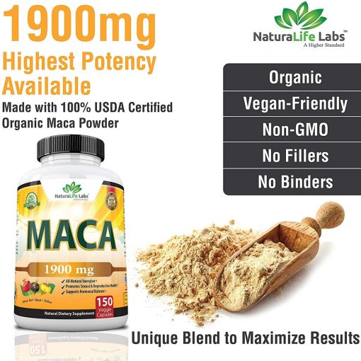 Organic Maca Root Black, Red, Yellow 1900 MG per Serving - 150 Vegan Capsules