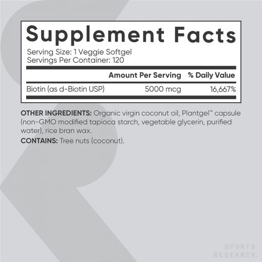 Sports Research - Extra Strength Biotin Supplement - 120 Veggie Softgels