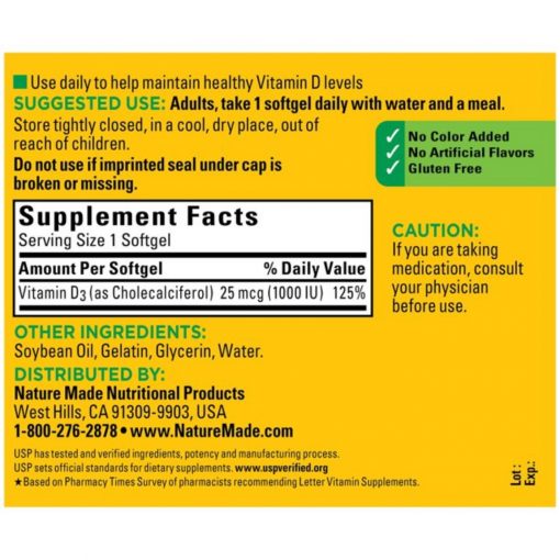 Nature Made - Vitamin D3 1000 IU (25 mcg) - 500 Softgels