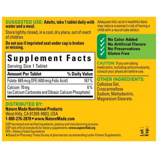 Nature Made - Folic Acid 400 mcg (665 mcg DFE) Tablets - 250 count