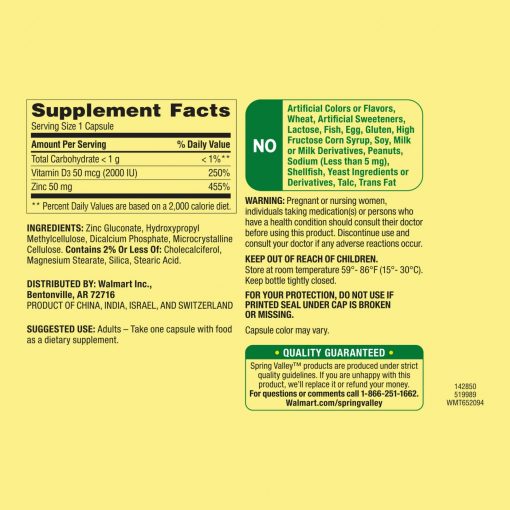 Spring Valley - Zinc with Vitamin D Capsules Dietary Supplement, 50 mg - 150 Count