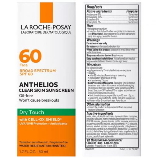 La Roche Posay -Anthelios Clear Skin Fast Drying Face Sunscreen for Acne Prone Skin - SPF 60 - 50 ml